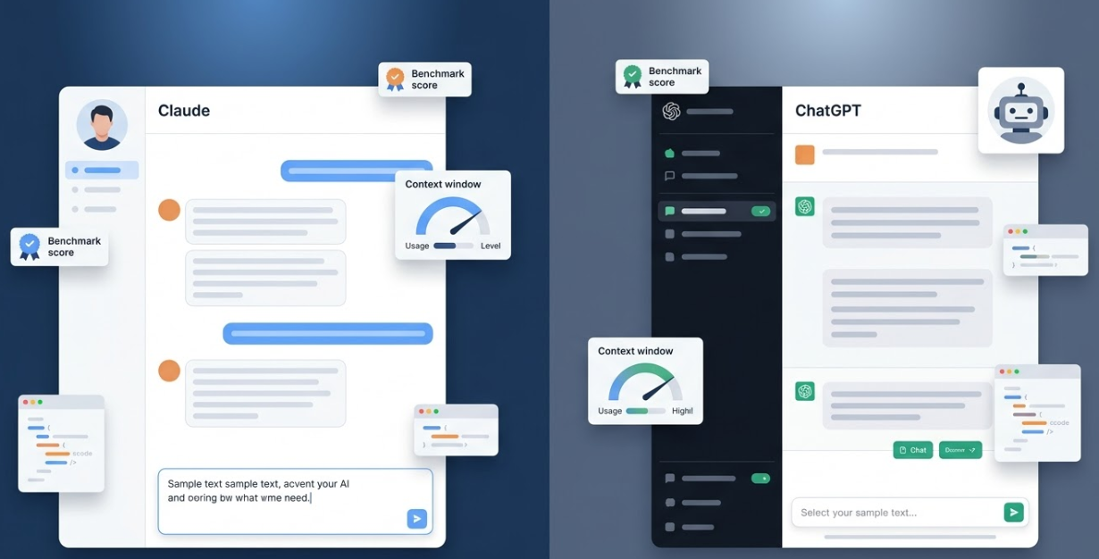 Split screen showing Claude and ChatGPT interfaces compared side by side in 2026