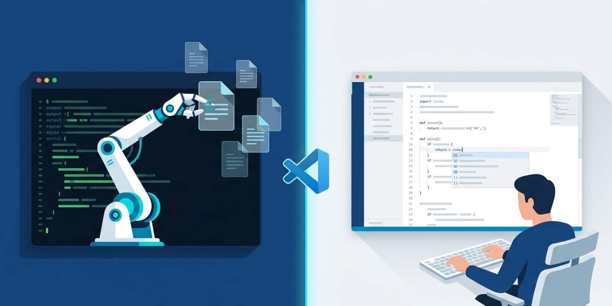 A split-screen editorial illustration comparing two AI coding tools. Left side: a sleek terminal window with green-on-dark code output, robotic arm extending from the screen autonomously editing multiple floating file icons. Right side: a bright IDE window with ghost-text autocomplete suggestions appearing inline as a developer types. Center: a subtle digital divide line with a VS Code-style logo glow. Color palette: deep navy blue (#1A4B8C), electric cyan (#0D8FBF), light grey (#F2F4F7), and white. Flat illustration style with soft shadows. Mood: focused, modern, professional. Composition: symmetrical split, rule of thirds within each half. Aspect ratio 16:9. No text in image.