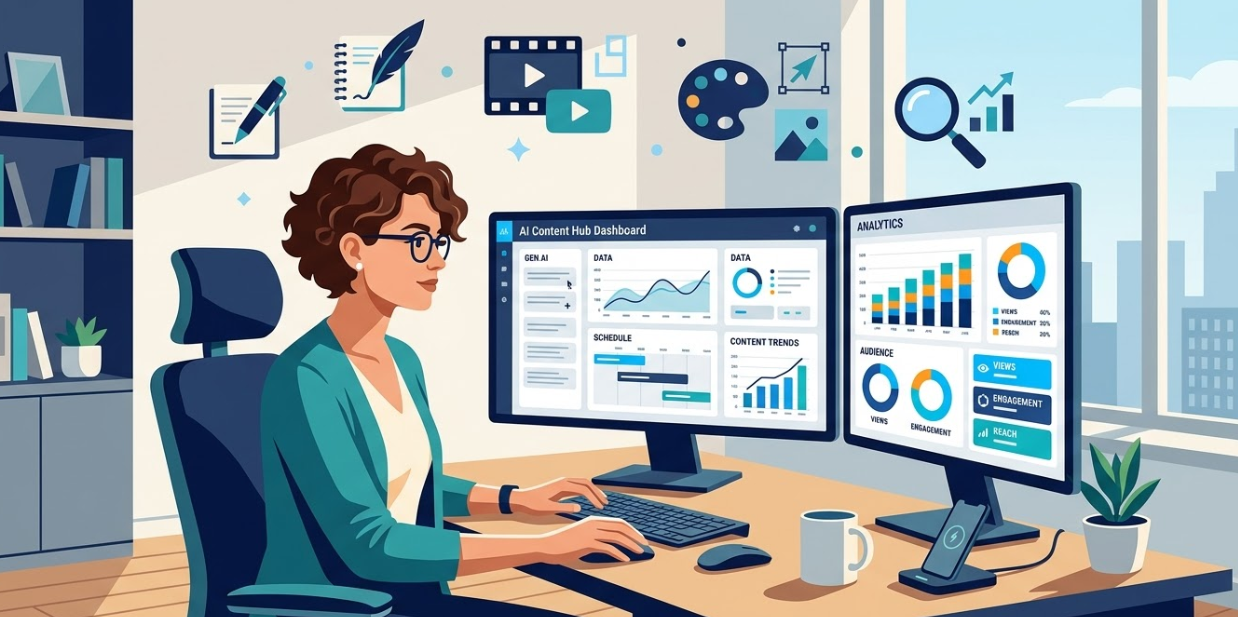 Flat editorial illustration of a modern content creator's workspace. A focused young professional at a minimal desk with dual monitors showing AI dashboards and colorful content analytics. Surrounded by subtle floating icons representing writing, video, design, and SEO. Color palette: deep navy blue, teal, warm white, and light blue accents. Clean geometric style, soft shadows, no text in image. Aspect ratio 16:9. Mood: confident, productive, forward-looking.