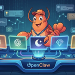 A clean, modern digital illustration showing a friendly cartoon lobster (OpenClaw mascot) standing at a futuristic control panel. The control panel has five glowing screens, each displaying a different AI provider logo represented as abstract geometric symbols: a brain icon (Anthropic), a spark icon (OpenAI), a crescent moon (Moonshot/Kimi), a gemstone (Gemini), and a llama silhouette (Ollama). Cables connect the screens to a central hub labeled "OpenClaw." The background features a subtle matrix of code and chat bubbles. Color palette: deep navy blue, electric blue, teal accents, and warm amber highlights. Style: flat vector illustration with soft gradients, tech-forward and approachable.