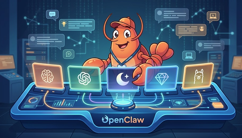 A clean, modern digital illustration showing a friendly cartoon lobster (OpenClaw mascot) standing at a futuristic control panel. The control panel has five glowing screens, each displaying a different AI provider logo represented as abstract geometric symbols: a brain icon (Anthropic), a spark icon (OpenAI), a crescent moon (Moonshot/Kimi), a gemstone (Gemini), and a llama silhouette (Ollama). Cables connect the screens to a central hub labeled "OpenClaw." The background features a subtle matrix of code and chat bubbles. Color palette: deep navy blue, electric blue, teal accents, and warm amber highlights. Style: flat vector illustration with soft gradients, tech-forward and approachable.