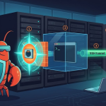 A futuristic digital illustration of a stylized red lobster mascot (the OpenClaw symbol) standing guard at the entrance of a glowing server room. The lobster wears a minimal tech visor and holds a large hexagonal shield displaying a padlock icon. Behind the lobster, four translucent defense layers are visible in a cutaway view: (1) a gateway firewall shown as a bright energy barrier around a single port, (2) a Docker container boundary shown as a blue glass cube isolating a terminal window, (3) an SSH tunnel shown as a glowing green encrypted pipe stretching from a laptop to the server, (4) messaging channel icons (WhatsApp, Telegram, Discord) behind a locked iron gate with a short allowlist checklist pinned to it. The background is a dark, clean data center with subtle circuit-board trace patterns on the walls and cool blue ambient lighting. Color palette: deep navy (#1A1A2E), electric teal (#0ABAB5), warm orange accents (#F97316), matte charcoal server racks. Style: modern flat illustration with subtle gradients, clean vector lines, tech-forward aesthetic. No text overlays.
