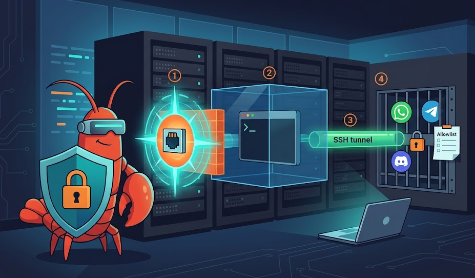 A futuristic digital illustration of a stylized red lobster mascot (the OpenClaw symbol) standing guard at the entrance of a glowing server room. The lobster wears a minimal tech visor and holds a large hexagonal shield displaying a padlock icon. Behind the lobster, four translucent defense layers are visible in a cutaway view: (1) a gateway firewall shown as a bright energy barrier around a single port, (2) a Docker container boundary shown as a blue glass cube isolating a terminal window, (3) an SSH tunnel shown as a glowing green encrypted pipe stretching from a laptop to the server, (4) messaging channel icons (WhatsApp, Telegram, Discord) behind a locked iron gate with a short allowlist checklist pinned to it. The background is a dark, clean data center with subtle circuit-board trace patterns on the walls and cool blue ambient lighting. Color palette: deep navy (#1A1A2E), electric teal (#0ABAB5), warm orange accents (#F97316), matte charcoal server racks. Style: modern flat illustration with subtle gradients, clean vector lines, tech-forward aesthetic. No text overlays.