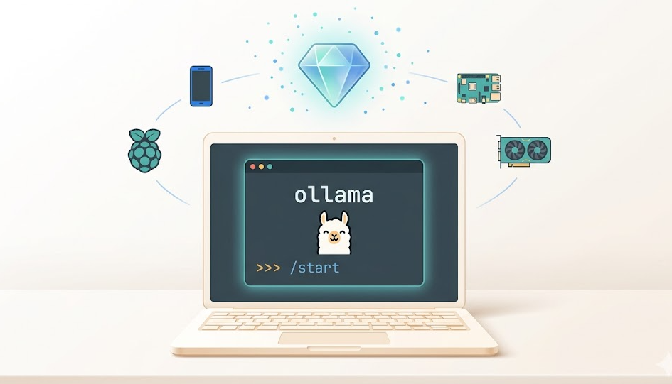 Developer getting started with Gemma 4 on a laptop showing a terminal with Ollama running