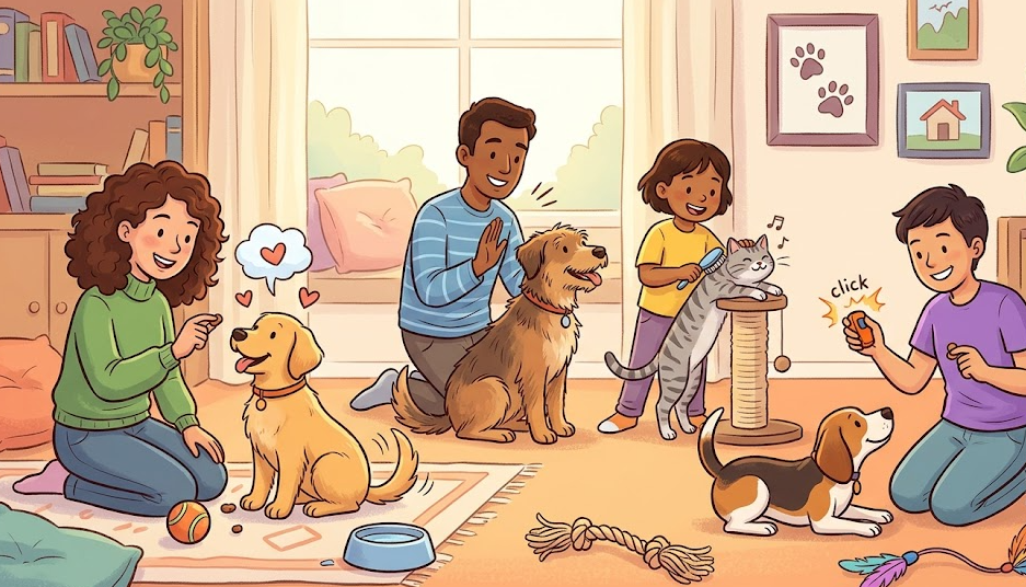 Family training the dogs and cats